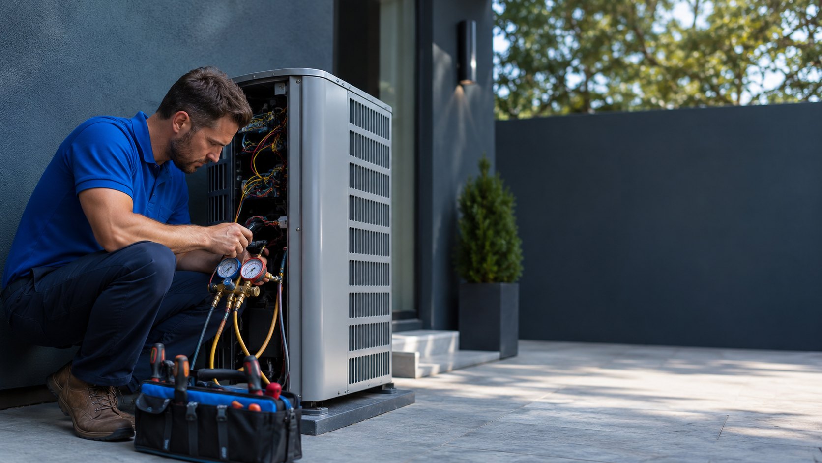 HVAC technician servicing a rooftop condenser unit.