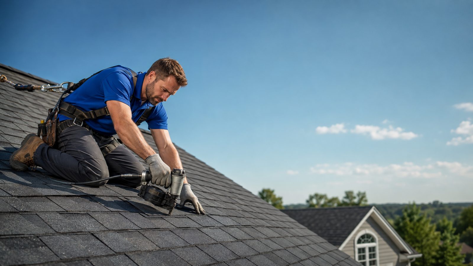 Roofing contractor reviewing estimates and project plans.